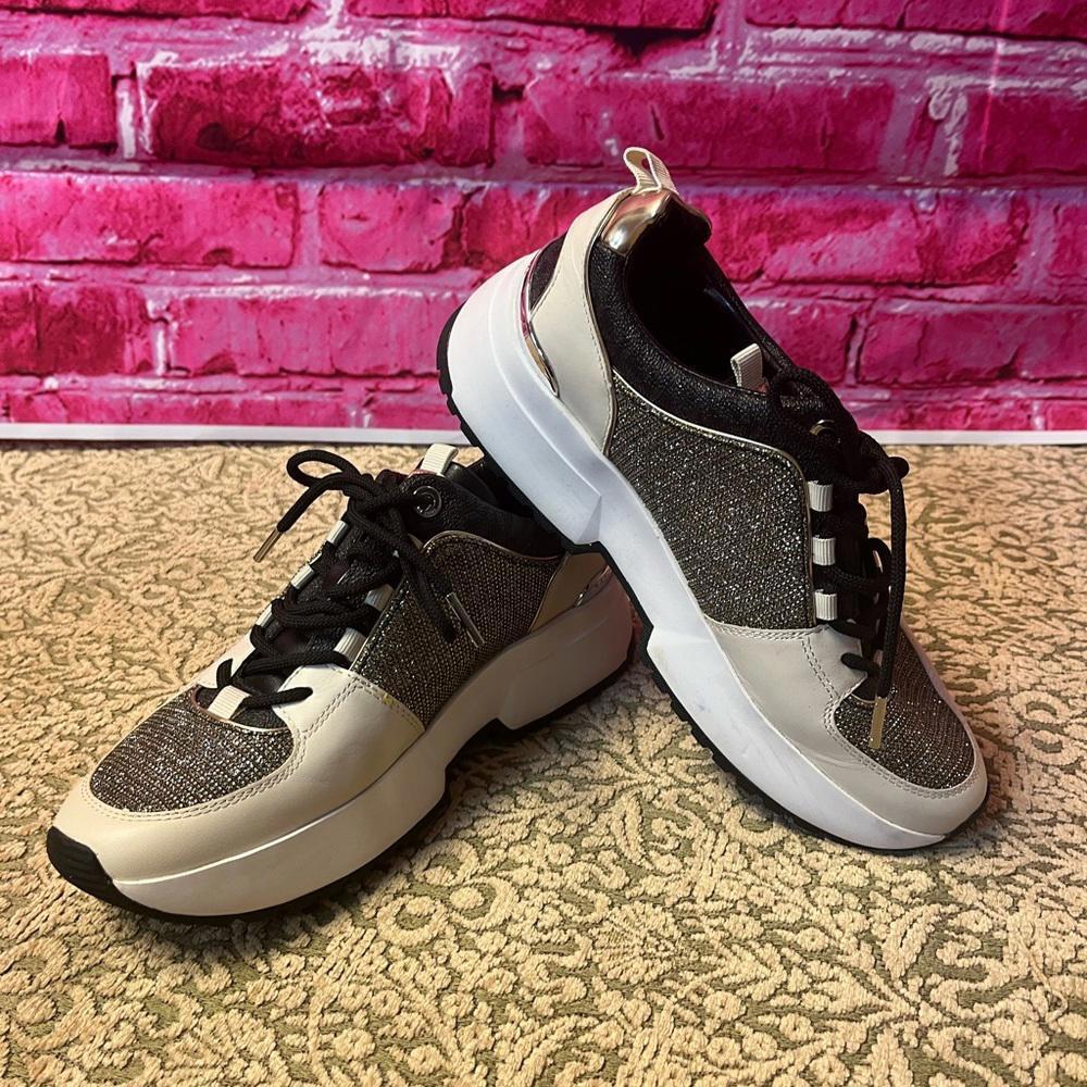 Michael Kors Cosmo lace up sneakers white black gold platform wedge 7.5